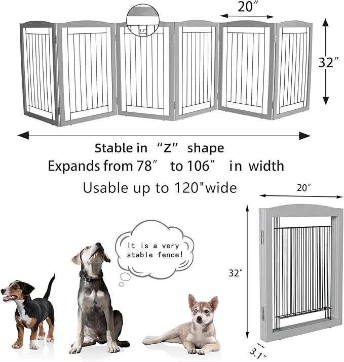 ZJSF Freestanding Foldable Dog Gate for House Extra Wide Wooden Grey Puppy Gate Stairs Dog Gates Doorways Tall Pet Gate 6 Panels Pet Fence