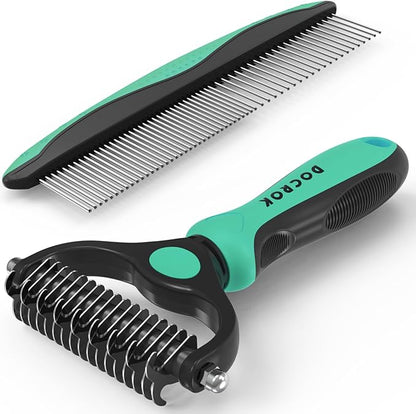 Docrok Pet Grooming Brush and Metal Comb Combo, Cat Brush Dog Brush for Shedding, Undercoat Rake for Dogs Grooming, Dematting Deshedding Brush Dogs Shedding Tool for Long matted Haired Pets, Green