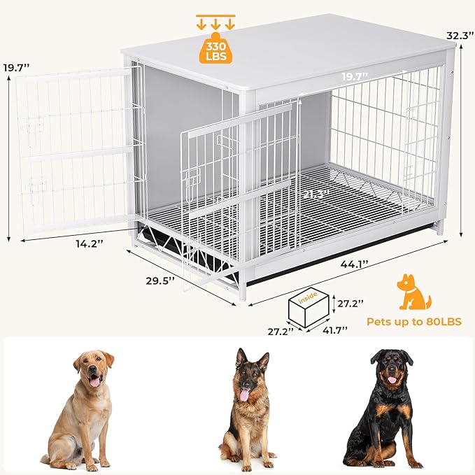 TLSUNNY Dog Crate Furniture, 44.1" Wooden Side End Table, Modern Dog Kennel with Double Doors, Heavy-Duty Dog Cage w/Pull-Out Removable Tray, Indoor Medium/Large/Small Pet House Furniture, White