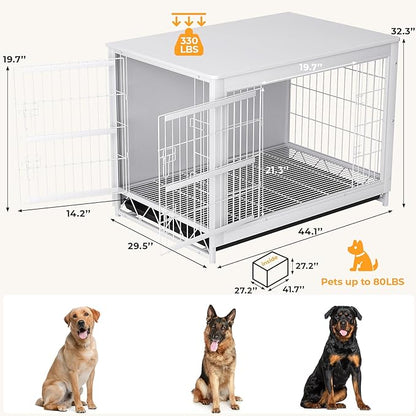TLSUNNY Dog Crate Furniture, 44.1" Wooden Side End Table, Modern Dog Kennel with Double Doors, Heavy-Duty Dog Cage w/Pull-Out Removable Tray, Indoor Medium/Large/Small Pet House Furniture, White
