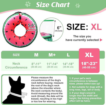Inflatable Dog Cone, Watermelon Donut Collar After Surgery, Donut Cone with Detachable Anti-Licking Shield, Soft Recovery Collar for Large Medium Pets Does Not Block View