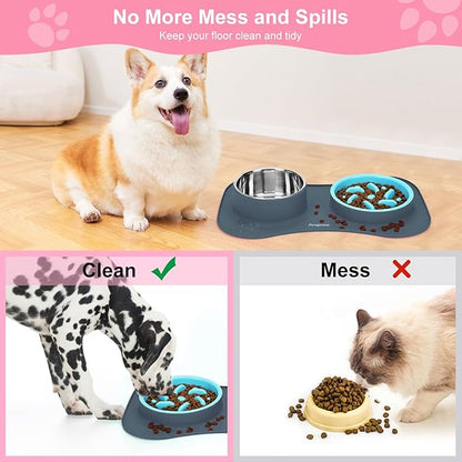 Anipaw Slow Feeder Dog Bowls 3 in 1 Stainless Steel Dog Food and Water Bowls with Non-Spill and Non-Skid Silicone Mat to Slow Down Eating for Large Medium Small Breed Size Dogs and Cats
