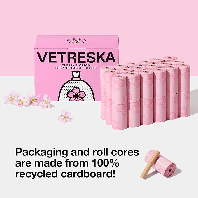VETRESKA Cherry Blossom Scented Dog Poop Bags, Leak Proof, Extra Thick and Large Pet Waste Bags for Dogs Walking and Cat Litter, 36 Refill Rolls, 540 Poop Bags, Pink