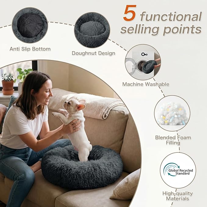 WROS Calming Dog Bed, 20" x 20" x 6" Fits Cat & Dog, Anti-Slip Round Washable Faux Fur for Doze Off, Napping Orthopedic, Dark Grey