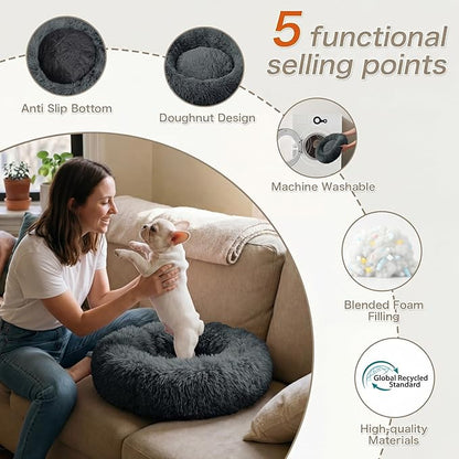 WROS Calming Dog Bed, 20" x 20" x 6" Fits Cat & Dog, Anti-Slip Round Washable Faux Fur for Doze Off, Napping Orthopedic, Dark Grey