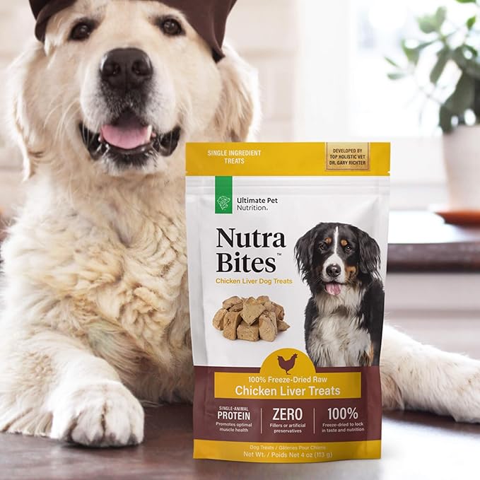 ULTIMATE PET NUTRITION Nutra Bites Freeze Dried Raw Single Ingredient Training Treats Food Topper for Dogs, 4 Ounces, Chicken Liver