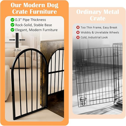 63" Dog Crate Furniture for 1 or 2 Dogs, Heavy Duty Single/Double Dog Kennel with Bowls, Farmhouse Wood Metal Dog Cage for Small/Medium/Large Dogs, Brown