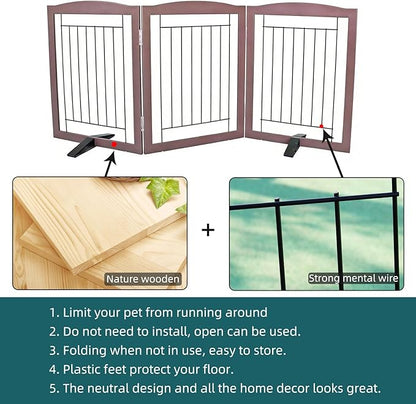 ZJSF Freestanding Dog Fence Indoor, Foldable Dog Gate for Doorways, Stairs or Hallways, Sturdy Wood Extra Wide Pet Gate with Support Feet for The House, Brown, 24 "Height-3 Panels