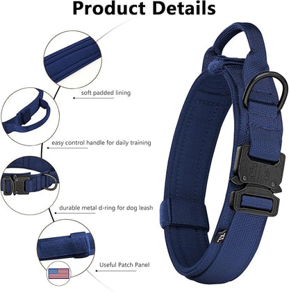 DAGANXI Tactical Dog Collar, Adjustable Military Training Nylon Dog Collar with Control Handle and Heavy Metal Buckle for Medium and Large Dogs, with Patches and Airtags Case (Midnight Blue, L)