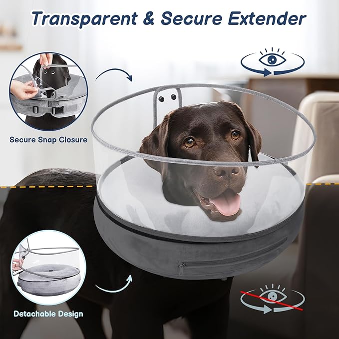 BARKLESS Inflatable Dog Cone, Protective Dog Surgery Collar to Stop Licking Biting Wounds, Patented Soft Donut Cone with Clear Shield, Adjustable Blow-up Collar for Surgery (Grey, M (Neck: 8"-11"))