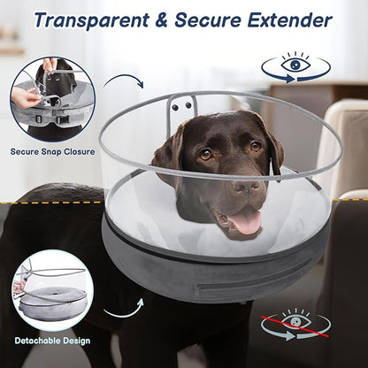 BARKLESS Inflatable Dog Cone, Protective Dog Surgery Collar to Stop Licking Biting Wounds, Patented Soft Donut Cone with Clear Shield, Adjustable Blow-up Collar for Surgery Recovery (Grey, M+)