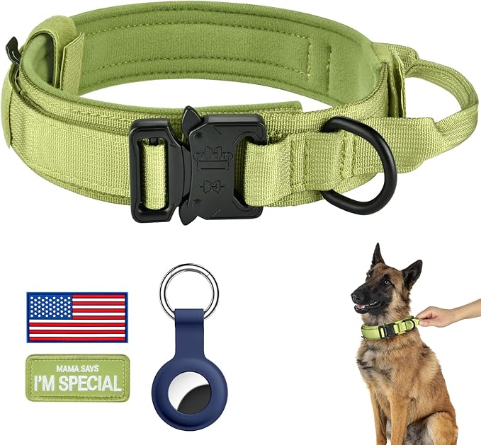 DAGANXI Tactical Dog Collar, Adjustable Military Training Nylon Dog Collar with Control Handle and Heavy Metal Buckle for Medium and Large Dogs, with Patches and Airtags Case (XL, Spring Grass)