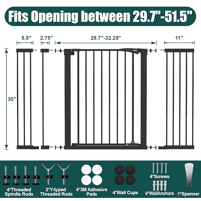 keny 29.7"-51.5" Extra Wide Baby Gate for Stairs, Easy Walk Thru Dog Gate with 21.1" Large Opening Door, Pressured Mounted No Drilling Pet Gate, 30" Tall, Black