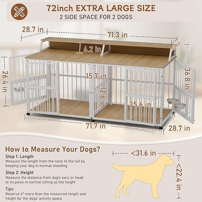 Dog Crate Furniture for 2 Dogs, 72" Extra Large Double Dog Cage Large Breed, XXL Thick Wooden Dog Crate with Storage Rack, Sturdy Dog Kennel with Removable Divider