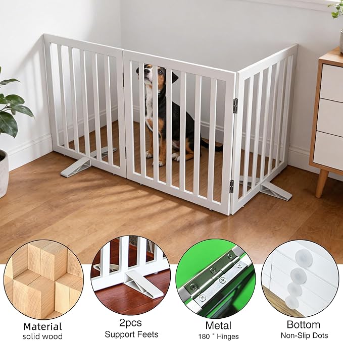ZJSF Freestanding Indoor Dog Gate for House Foldable Wood White Puppy Gate for Doorways Pet Gate for Stairs Extra Wide Pet Fence 32" Height 3 Panels