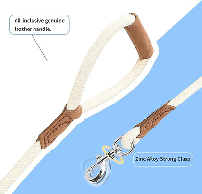 Mile High Life Leather Dog Leash, Heavy Duty Strong Genuine Leather Handle Rope Leash Soft and Comfortable for Small Medium Large Dogs (Cream White, 48 Inch)