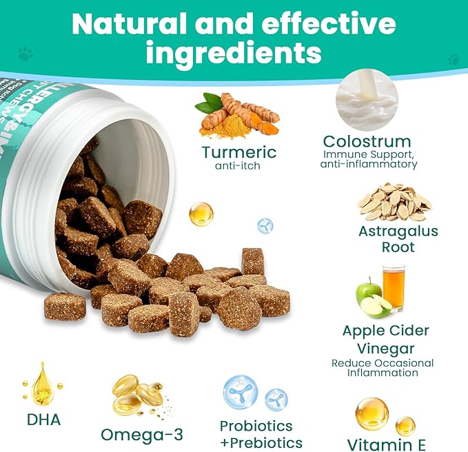 VUN Dog Allergy Relief Chews,Itchy Skin and Coat Relief,Paw Licking Support with Omega 3 Fish Oil,Probiotics Colostrum for Seasonal Allergy and Hot Spot,Immune Supplement for Dogs-100 Soft Chews