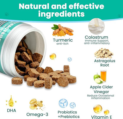 VUN Dog Allergy Relief Chews,Itchy Skin and Coat Relief,Paw Licking Support with Omega 3 Fish Oil,Probiotics Colostrum for Seasonal Allergy and Hot Spot,Immune Supplement for Dogs-100 Soft Chews