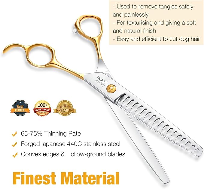 JASON Dog Grooming Chunkers Shears - Dogs Cats Grooming Texturizing Blending Thinning Scissor Pets Trimming Kit Sharp Gold Shear for Right Handed Groomers Christmas Gift 7"