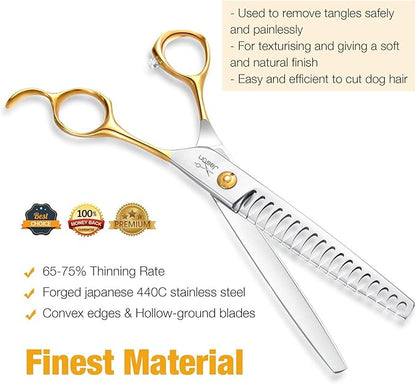 JASON Dog Grooming Chunkers Shears - Dogs Cats Grooming Texturizing Blending Thinning Scissor Pets Trimming Kit Sharp Gold Shear for Right Handed Groomers Christmas Gift 7"