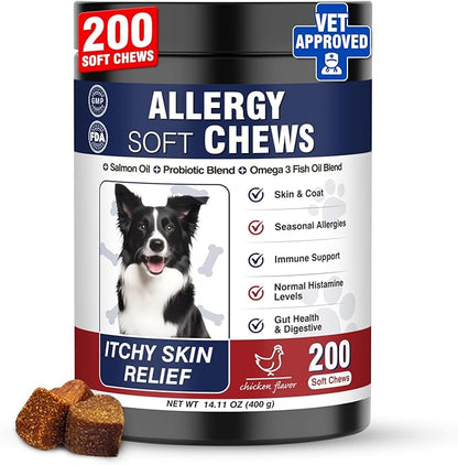 Dog Allergy Chews 200 Treats, Dog Allergy and Itching Skin Relief Bites Immune Support Dogs Probiotics for Yeast, Itchy Skin and Itchy Ears Anti Itch Licking Paws Treatment for Dogs Seasonal Allergies