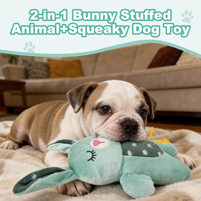 Green Bunny Plush Squeaky Dog Toy for Chewers Puppy Teething Chew Toy Cute Soft Funny Indoor Outdoor Interactive Rabbit Stuffed Animal Dog Toy for Small Medium Large Dogs Toy Gift 26cm/10.24in