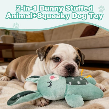 Green Bunny Plush Squeaky Dog Toy for Chewers Puppy Teething Chew Toy Cute Soft Funny Indoor Outdoor Interactive Rabbit Stuffed Animal Dog Toy for Small Medium Large Dogs Toy Gift 26cm/10.24in