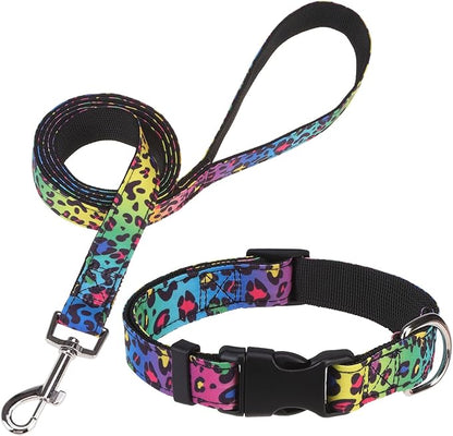 Dog Collar and Leash Set for Small Dogs, Adjustable Soft Puppy Collar with Quick Release Buckle, 5FT Heavy Duty Nylon Matching Leash for Boy Girl Chihuahua, Yorki, Bulldog, Leopard XS