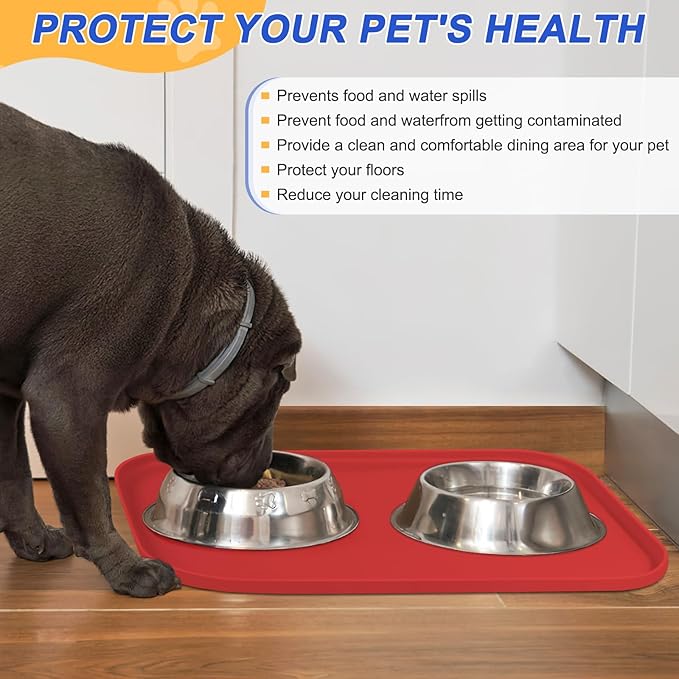 SMILOOL Silicone Pet Feeding Mat with Raised Edge for Food and Water, Dog Bowl Mats, Cat Bowls Placemat with High Lip for Floor Waterproof, Rubber Tray for Cats and Dogs 19 x 12 x0.7 Red