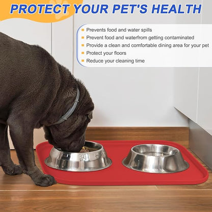 SMILOOL Silicone Pet Feeding Mat with Raised Edge for Food and Water, Dog Bowl Mats, Cat Bowls Placemat with High Lip for Floor Waterproof, Rubber Tray for Cats and Dogs 19 x 12 x0.7 Red