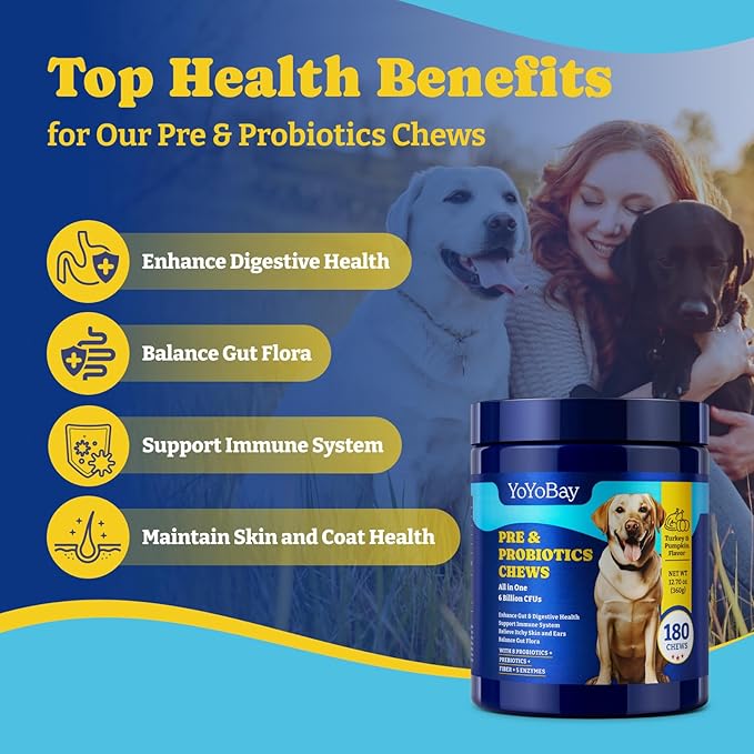 Probiotics for Dogs - 6 Billion CFUs, Dog Probiotics with Prebiotics & Digestive Enzymes for Gut, Immune & Skin Health - Turkey & Pumpkin Flavor, 180 Soft Chews