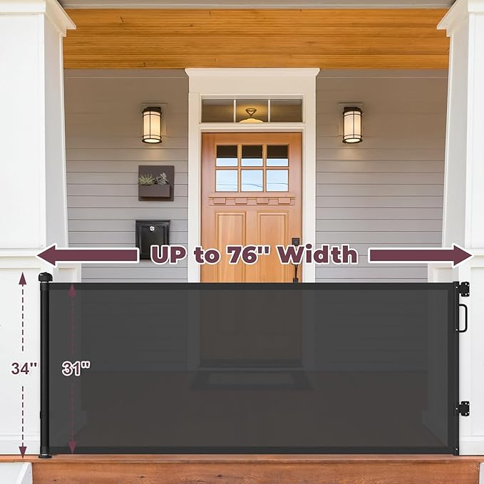 76" Retractable Baby Gates Extra Wide, Mesh Long Dog Gate for Wide Openings, Indoor Outdoor Stair Gate for Doorways Hallways Deck Porch, Child Pet Safety Essentials for Home, Black