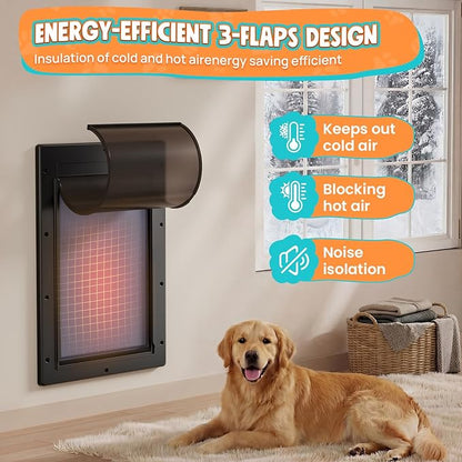 Dog Door 3 Flap, Plastic Dog Door for Wall, Large Doggy Door, Dogie Door for Interior & Exterior Walls, Magnetic Flaps, Insulation Flap, Closing Panel, Pet Door for Pets Up to 110lbs