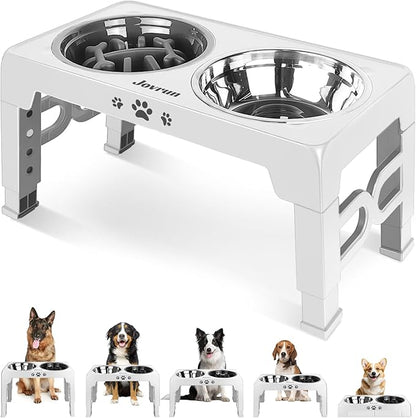 Jovrun Elevated Dog Bowls for Medium Large Size Dogs, Non-Slip Dog Feeder with 1*Stainless Steel Dishes & 1*Slow Feeder Bowl, 5 Heights Adjustable Raised Bowls to 3.15″-8.66″-9.84″-11.02″-12.2″