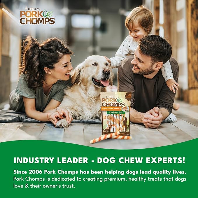 Pork Chomps Baked Pork Skin Dog Chews, 5 Inch Mini Twists, 12 Count - Real Chicken Wrap - Long-Lasting Treats for Dogs - High Protein, Rawhide-Free, Low Fat, Healthy & Delicious Chews