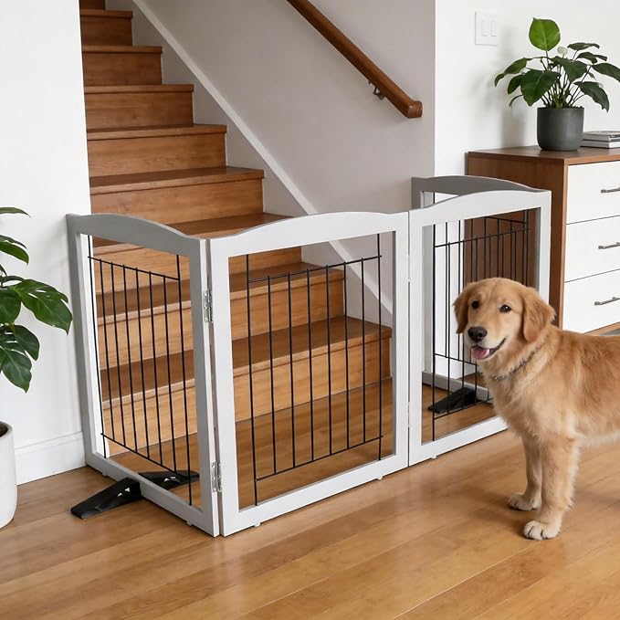 ZJSF Freestanding Dog Fence Indoor, Foldable Dog Gate for Doorways, Stairs or Hallways, Sturdy Wood Extra Wide Pet Gate with Support Feet for The House, Grey, 24 "Height-4 Panels
