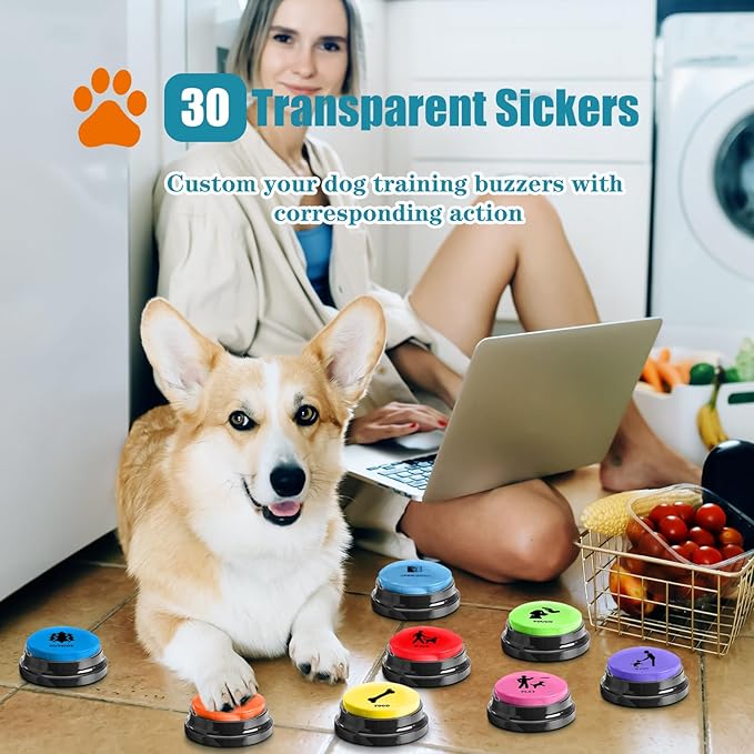 Dog Buttons for Communication Starter Pack 8 Dog Talking Button Set, 30s Voice Recording Speaking Button Pet Speech Training Buzzers with 30 Scene Stickers and Dog Button Mat for Animal Training