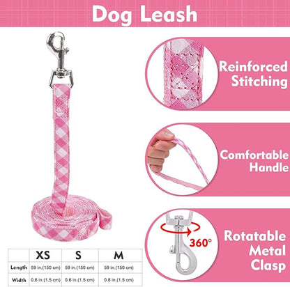 EXPAWLORER Cute Dog Harness Collar Leash Set - Pink Girl Dog Harness Checkered Step-in Design, Detachable Bow Pet Collar, Adjustable No-Choke Lightweight Mesh Vest for Cats Puppy Small Dogs, S