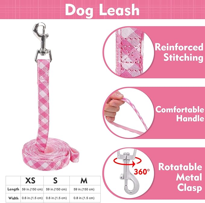 EXPAWLORER Cute Dog Harness Collar Leash Set - Pink Girl Dog Harness Checkered Step-in Design, Detachable Bow Pet Collar, Adjustable No-Choke Lightweight Mesh Vest for Cats Puppy Small Dogs, XS