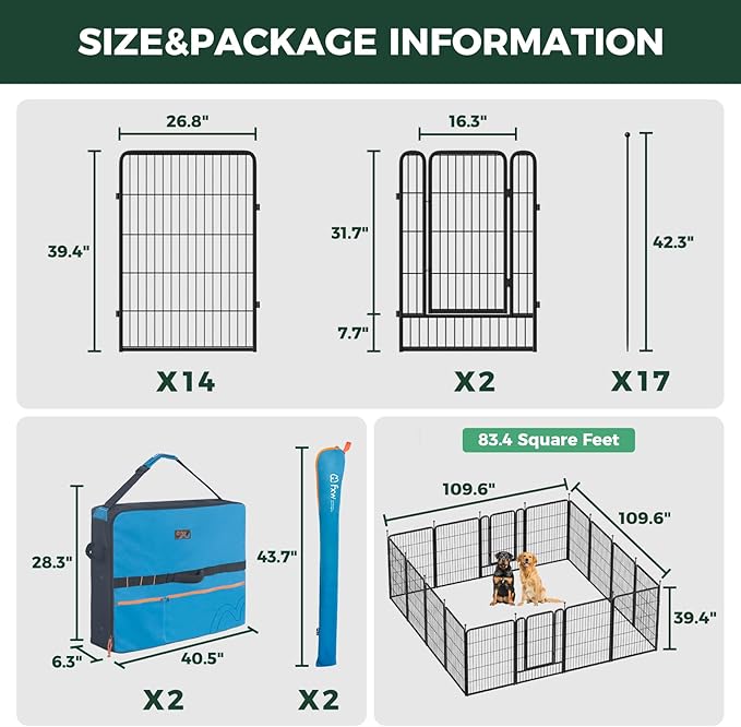 FXW Rollick Unleashed Dog Playpen for Indoor, Yard, RV Camping, 40 inch 16 Panels Dog Pen with Playpen Storage Bag (2 Packs) for Medium and Large Dogs, Black│Patented