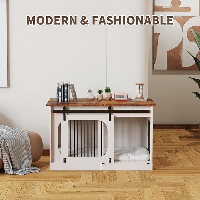 XXL Dog Crate Furniture, 47.2 Inches White Kennel Furniture with Cushion Decorative Farmhouse Crate Indoor Thick Wooden Pet House End Table Modern Cage Furniture for Medium/Large Dog