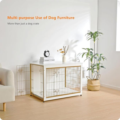DWANTON Dog Crate Furniture with Cushion, Wooden Kennel Table with Double Doors, Indoor Dog House, Large Size, 38.5" L, White