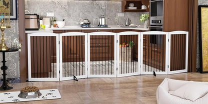 PUPETPO Freestanding Pet Gate for Dogs, Indoor Wooden Foldable Dog Gate for House, Extra Wide, Pet Fence for Stairs, Doorways, Halls, Support Feet Included, 120 Inch Wide, 6 Panels 32",White