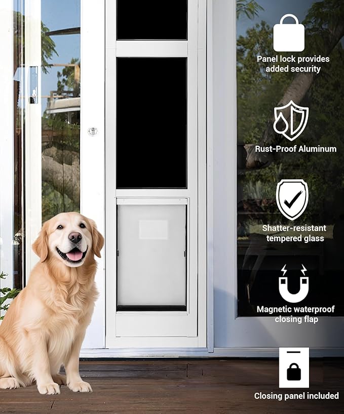 96 inch Large Dog Door for Sliding Glass Door - Left Amout from Inside, Adjustable Height: 96.38-96 in, Flap Size: 11”(W) x 16”(H)