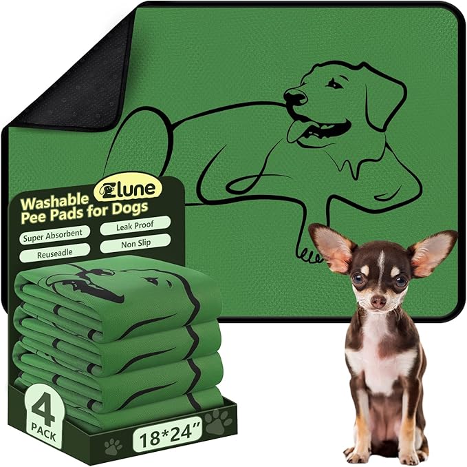 Washable Pee Pads for Dogs Reusable, 4 Pack 18"x24" Training Puppypads Absorbency Non-Slip & Leak-Proof for Pet Whelping Box Playpen Crate Sofa Bed Floors (Green)
