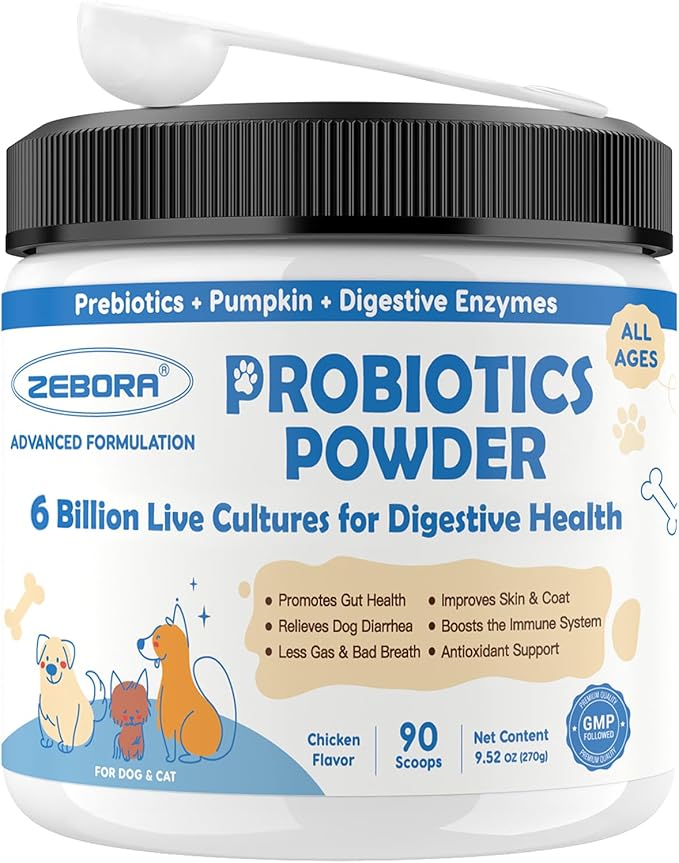 Probiotic Powder for Dogs with Pumpkin, Prebiotics & Digestive Enzymes, 6 Billion CFUs Dog Probiotics for Digestive Health, Diarrhea & Itchy Skin Relief, Chicken Flavor, 90 Scoops