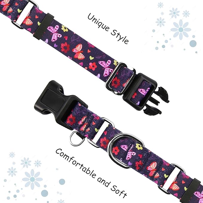Martingale Collar with Buckle Purple Nylon Adjustable Cute Girl Female Dog Collars (Butterfly Floral, Small)