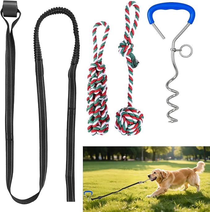 HOPET Bungee Tether Tug Outdoor Dog Toy with Stake,Tug of War Dog Toy for Aggressive Chewers to Keep Them Busy,Outdoor Interactive Dog Rope Toy for Medium/Small Dogs,Can Used On Lawns,Trees and Doors