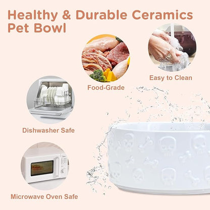 SPUNKYJUNKY Elevated Dog Bowls Ceramic, 7.3'' Dogs Food Water Bowls Raised with Non-Slip Bamboo Stand for Medium to Large Sized Breed Microwave Dishwasher Safe - 42 OZ,Skull White