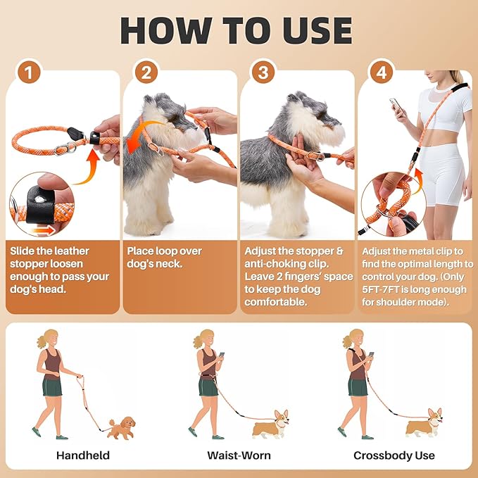 SlowTon Slip Lead for Dogs - Hands Free No Tangle Adjustable 4-6 FT 1/2” Rope, Heavy Duty Nylon Leash for Large Medium Dogs that Pull, No Pull Training Slip Leashes, 20-120lb, Orange